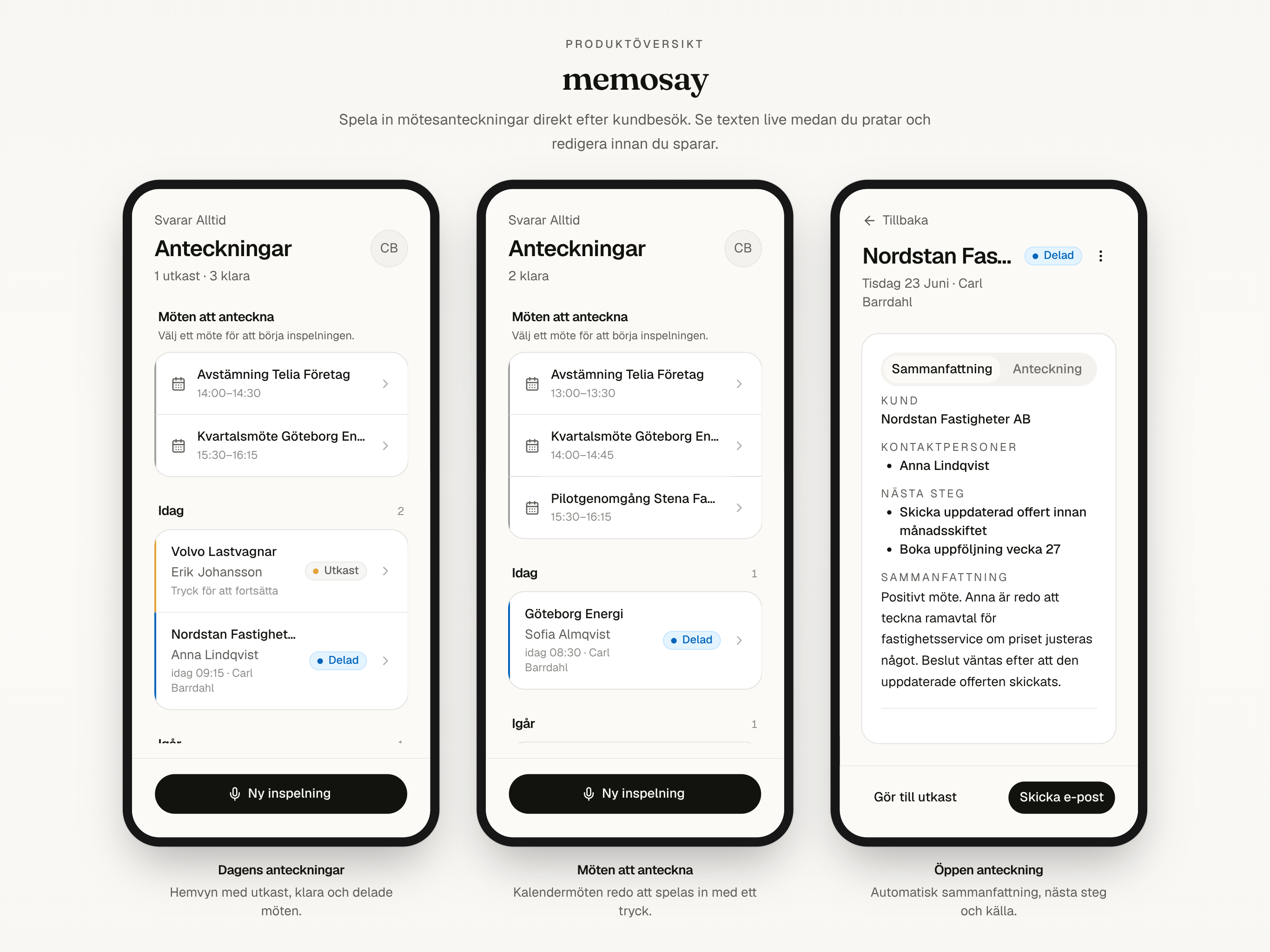 Memosay product overview across three mobile screens